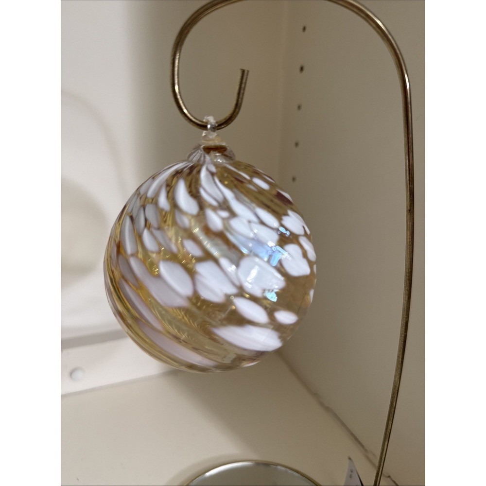 Hand Blown Art Glass Ornament Amber Gold White Confetti Suncatcher Round Swirl